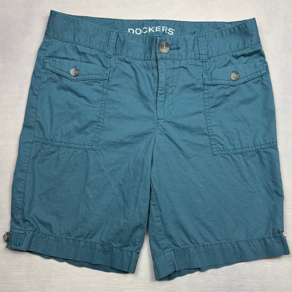 Dockers Womens Teal‎ Blue Cotton Cargo Shorts Size 8 Utility Pockets Ribbed